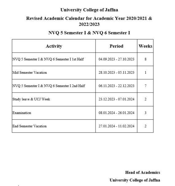 Academic Calendar University College of Jaffna